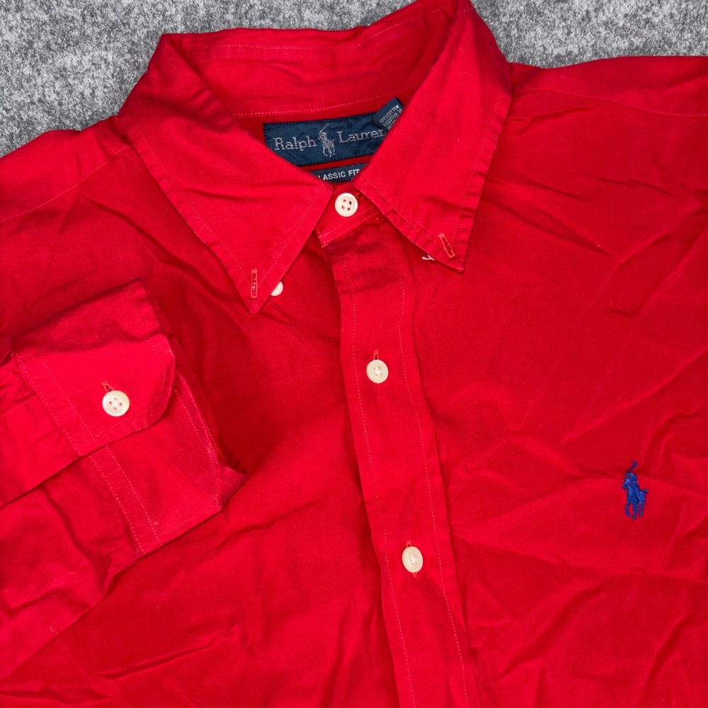 Ralph Lauren Button Down Shirt Mens Large Red Classic Fit Long Sleeve Pony Logo